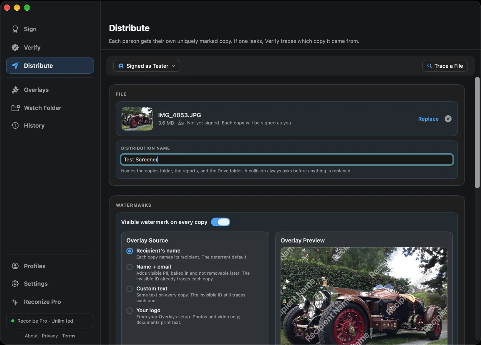 Reconize Distribute screen: per-recipient watermarked copies with delivery via Google Drive and a locked recipient list