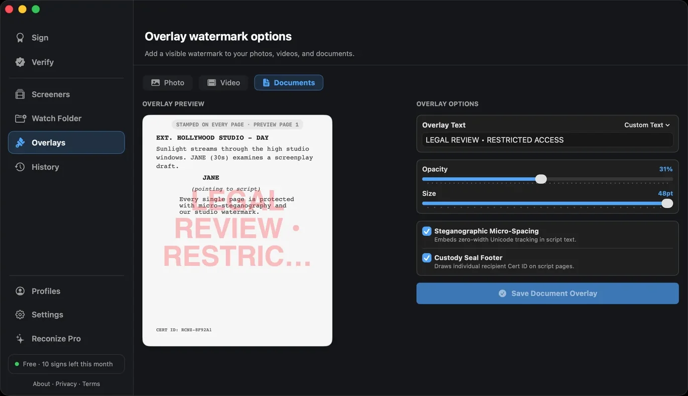 Reconize document signing: per-page seal and recipient cert ID on a screenplay