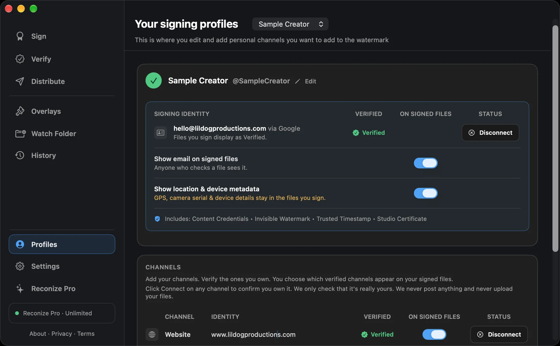 Reconize Profiles screen: a signing identity confirmed with Google and a verified website channel, switched on for signed files