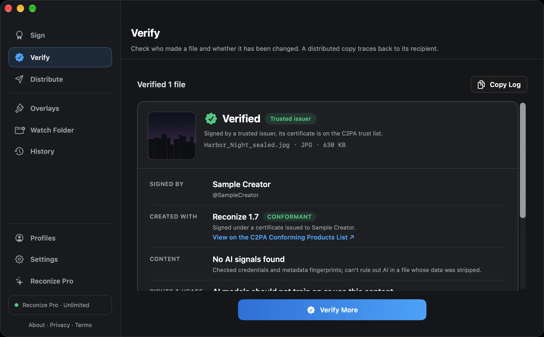 Reconize Verify screen: a signed photo reading Verified, Trusted issuer, signed by Sample Creator with a conformant Reconize 1.7