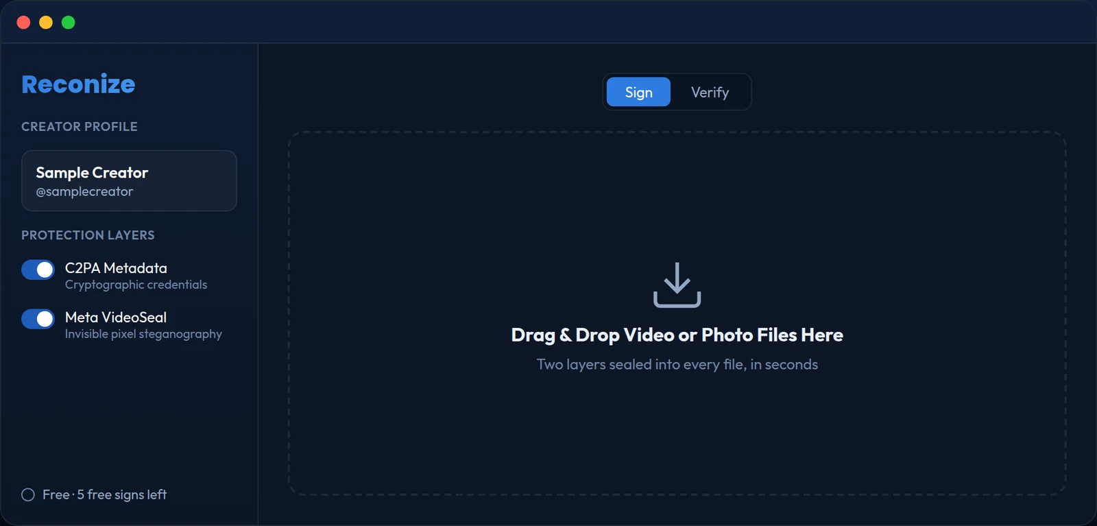 Reconize app: drag and drop to sign a video or photo