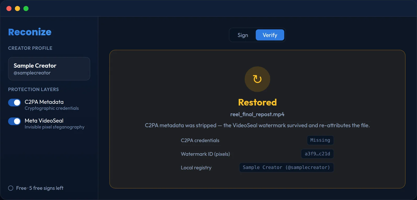Reconize verify result: creator recovered from the pixel watermark after metadata was stripped
